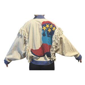 VTG RARE ALFREDO’S WIFE Jacket  Cream Fringe Cowboy Boot Appliqué Rhinestone Sm
